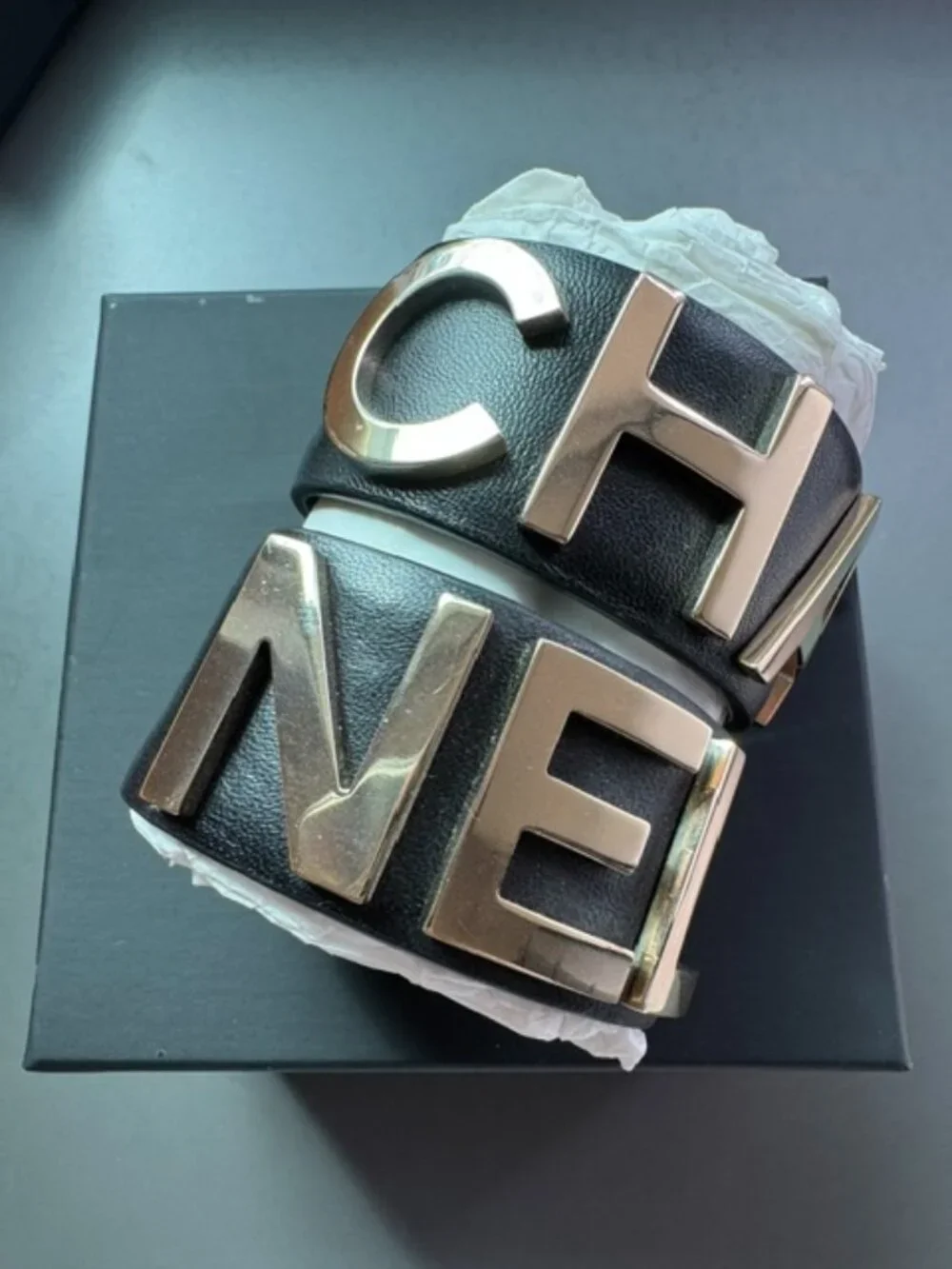 CHANEL Spring 2019 Runway Black Calfskin Leather Cuff Bracelet Set w/ box